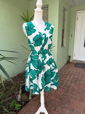 Green and Cream Palm Print Smocked Dress